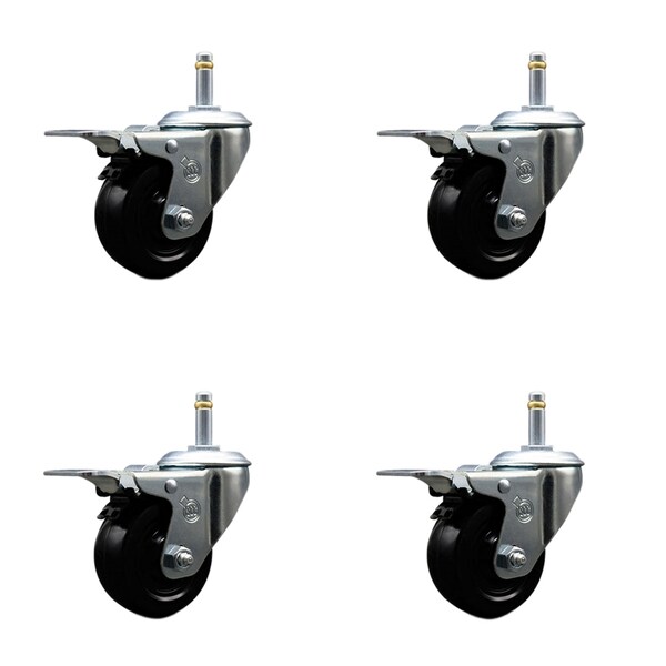 3'' Hard Rubber Swivel 7/16'' Grip Ring Stem Caster Set Total Lock Brake, 4PK